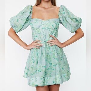 Bardot Puff Sleeve Green mini dress Medium